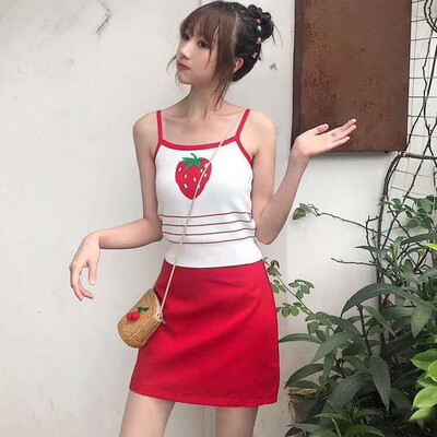 

Womens Sweet Fashion Color Block Fruit Print Sleeveless Pullover Knitted Top Camisole