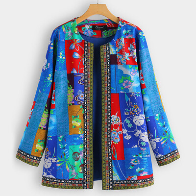 

Toponeto Women Vintage Ethnic Style Floral Print Long Sleeve Plus Size Cotton Jacket Coat