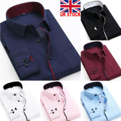 

UK New Mens Long Sleeve Shirt Button Up Business Work Smart Formal Dress Top