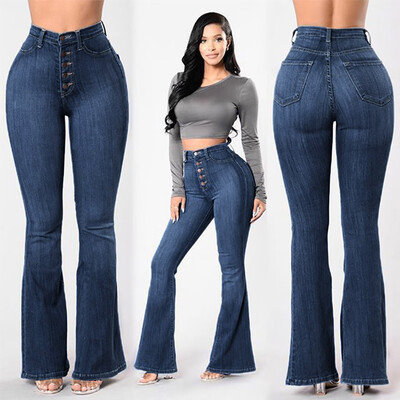 

Tailored Women Autumn Elastic Plus Loose Denim Pocket Button Casual Boot Cut Pant Jeans