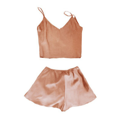 

Summer Suit Women Sling Emulation Silk Pajamas Sleepwear Halter TopShorts Set