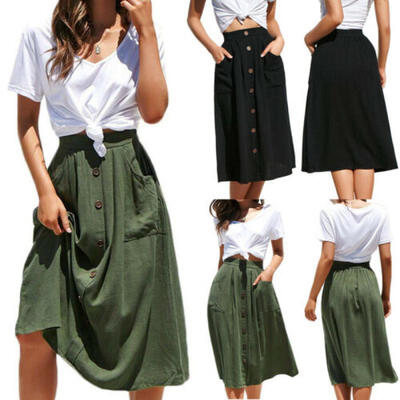 

AU Women Button Solid Skirt Elastic High Waist Beach Midi Skirts Pockets Dress
