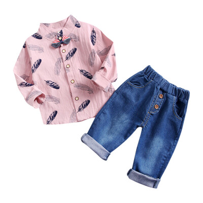 

Autumn Children Baby Boys Casual Long Sleeve Feather Print Blouse TopsDenim Pants Trouser 2pcs Kids Clothes Set