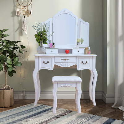 

Gobestart Vanity Beauty Station Makeup Table And Wooden Stool 3 Mirrors And 5 Drawers Set