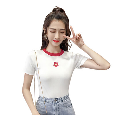 

Womens Round Neck Floral Embroidery Short Sleeve Knitted Pullover T-Shirt