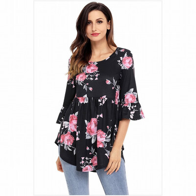 

Round neck seven-point trumpet sleeve printed hem retro shirt womens