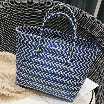 

Tailored Women Weave Beach Bags Shopping Basket Striped Hand Knitted Handbag Totes