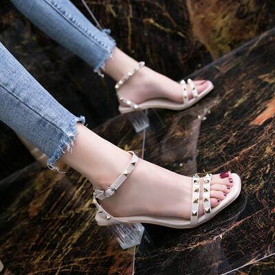 

Crystal sandals female heel Xiabai transparent one - word belt with rivets students Roman shoes