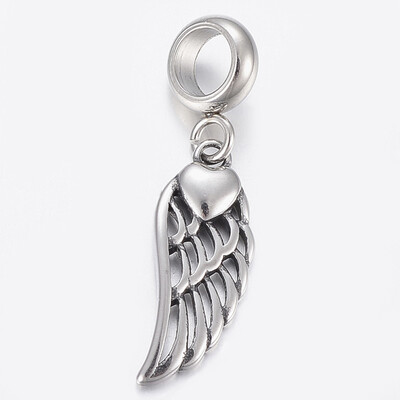 

304 Stainless Steel Dangle Beads Large Hole Pendants Wing Antique Silver 29mm Hole 5mm