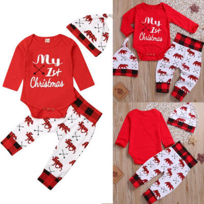 

Baby Boy Girl Newborn First Christmas Clothe Romper Trousers Hat Outfit 3pcs Set