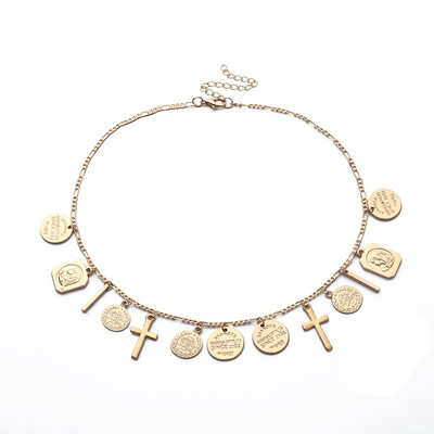 

Charms Round Portrait Coins Cross Statement Choker Trendy Multi Layered Chain Gold Jesus Pendant Necklace women Jewelry collares