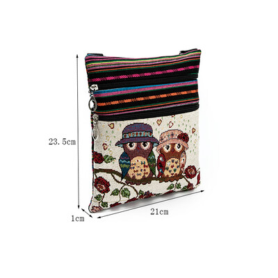 

Women Mini Crossbody Bag Owl Embroidery Jacquard Zipper Adjustable Strap Light Messenger Travel Outdoor Shoulder Bag