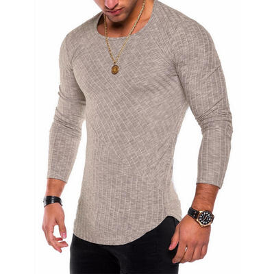

2018 New Pit Strip Solid Color Stitching Arc Hem Bottoming Shirt Long Sleeve Round Neck Mens T-Shirt