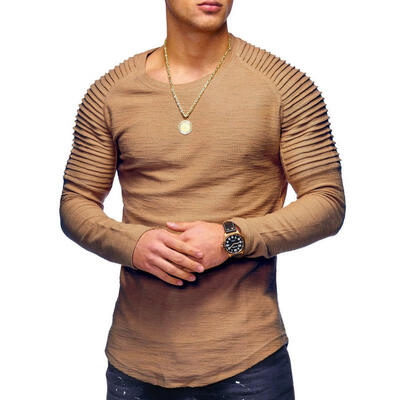 

Fashion Mens Round Neck Slim Solid Color Long-sleeved T-shirt Folding Hip-Hop Casual T-Shirt Tops For Men