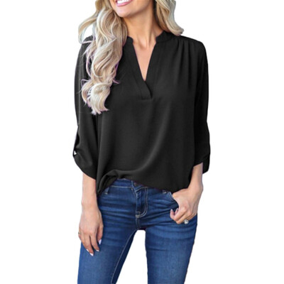 

Women Sexy V Collar Long Sleeve Cotton Solid Color Tights Loose Casual Slim Blouse