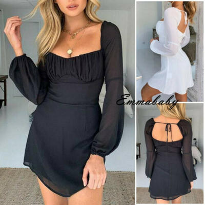 

Fashion Women Mesh Perspective Halter Backless Long Sleeve Casual Summer Dress