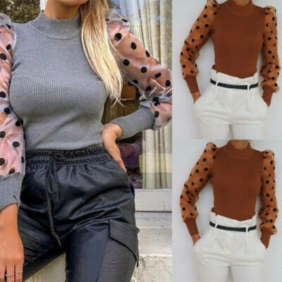 

Womens Lady Sheer Mesh See-through Blouse Polka Dot Puff Long Sleeve Tops Shirts