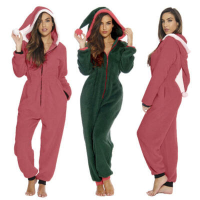 

AU Women Christmas Pajamas Sleepwear Xmas Nightwear Hooded Jumpsuit Home Pyjamas