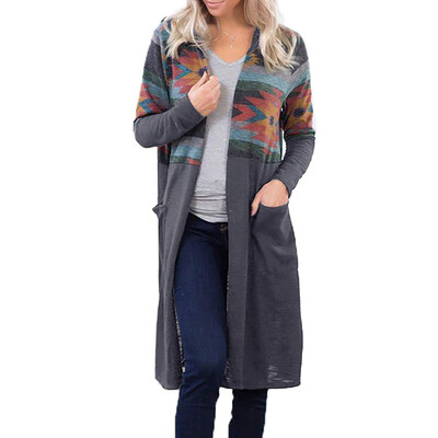 

Womens Long Sleeve Slouchy Cardigan Open Front Draped With Pockets Mid Length