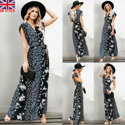 

Women Boho Floral Chiffon Summer Party Evening Beach Long Maxi Dress Sundress UK