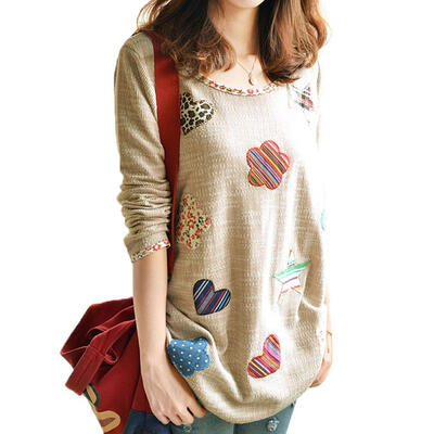 

Women Fresh Hearts Flowers Print Blouse Round Neck Top Shirts