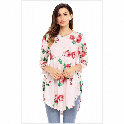 

Round neck cropped sleeves floral print short short long mid-length top