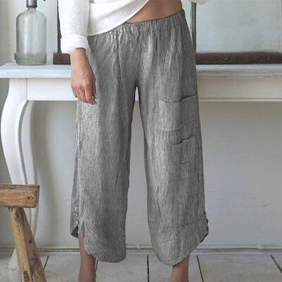 

Women Loose Striped Casual Pants Elasticated Waist Wide Leg Straight Trousers