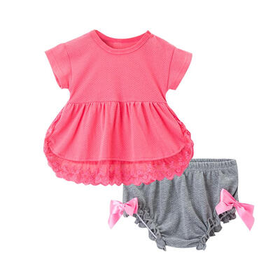 

Solid Breathable Lace Baby Girl Kid Tops Bowknot Pleated Shorts Clothes Set