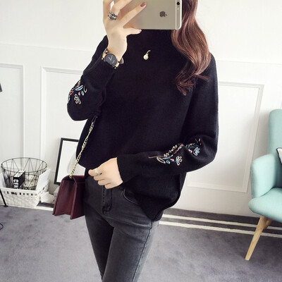 

2018 autumn&winter new Korean womens embroidery leggings knitted sweater semi-turtleneck short sweater