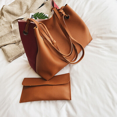 

Tailored Women Leather Litchi Stria Handbag Bucket Bag Shoulder BagMessenger Bag Brown
