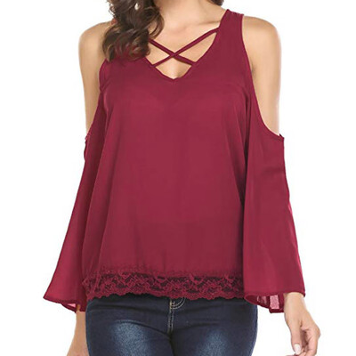 

Nomeni Women Ladies Cold Shoulder Lace T-Shirt Long Sleeve Tunic Tops Blouse BKL