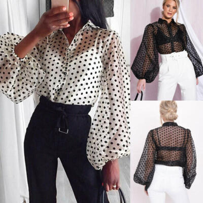 

Women Casual Polka Dot Tops Ladies Baggy T-Shirt Blouse Loose Lantern Sleeve US