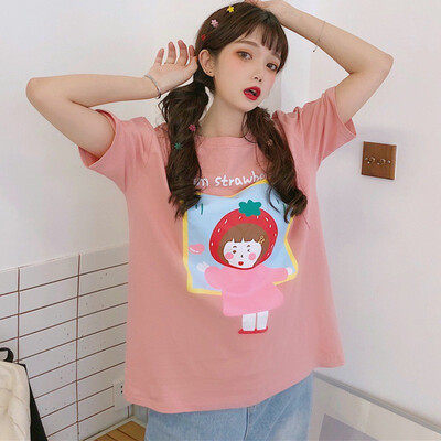 

Summer Tops WomenCute Loose Round Neck Cartoon Strawberry Girl & Letters Print Short Sleeve T-Shirt camisetas verano mujer