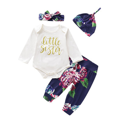 

Newborn Baby Girls Clothes Set 2019 Spring Autumn Toddler Infant Girl Clothing Print Rompers Headband Hat Pants 4PCS Outfits Set