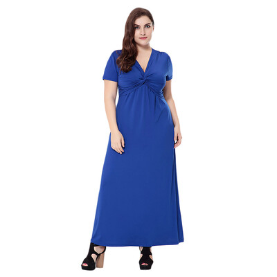 

Trendy Plunge Neck Short Sleeve Solid Color Knitted Plus Size Women Maxi Dress