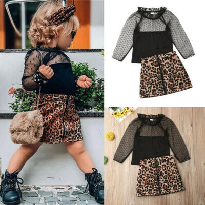 

UK Toddler Baby Girl Clothes Lace Short Sleeve TopLeopard Mini Skirt Outfit Set