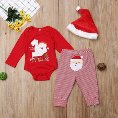 

The New Hot Selling Newborn Baby Boys Girls Tops Romper Pants Santa Hat Christmas Embroidery Outfits