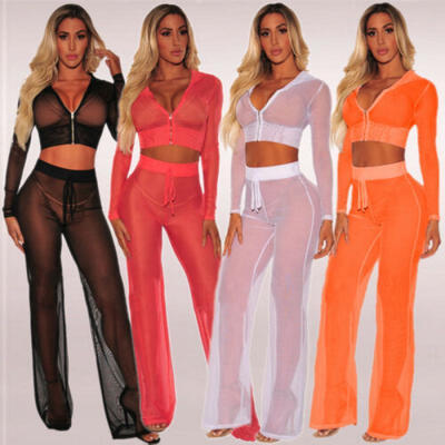 

Women Sheer Mesh Bikini Crop TopPants Cover Up Long Sleeve Swimwear Beach USA
