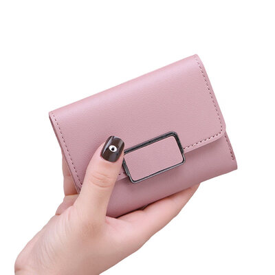 

Women Solid Color Faux Leather Cash Card Holder Folded Plaid Purse Short Wallet