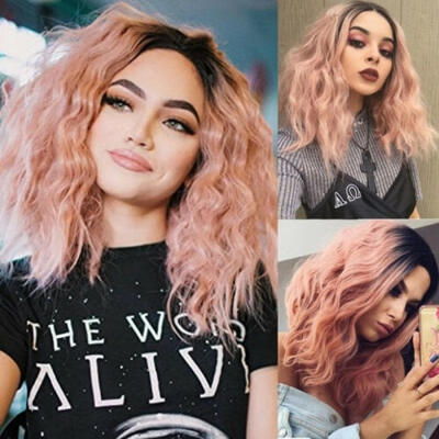

Womens Short Pink Hair Full Wigs Natural Curly Wavy Straight Wig Cosplay