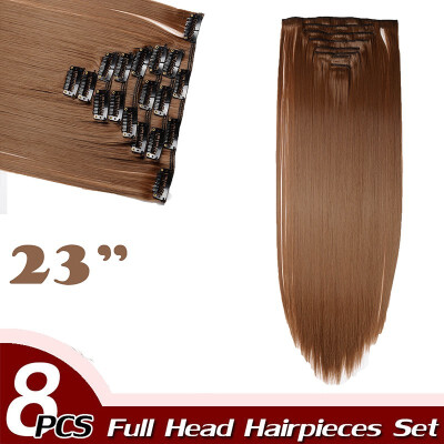 

17" Straight 8 Pcs Full Head Clip in Hair Extensions Synthetic 8 Piece 18 Clips Hairpiece Long Straight for Women