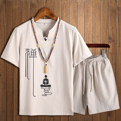 

Toponeto Mens Solid Color Printed Casual Loose Short-sleeved Cotton And Linen Set
