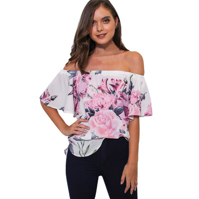 

Roseonmyhand Fashion Women Off Shoulder Floral Printed Blouse Casual Tops T Shirt