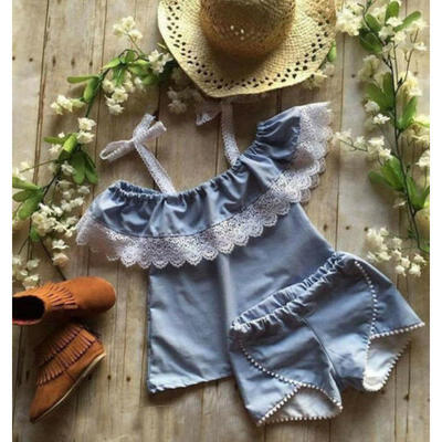 

1-6Y Toddler Kids Baby Girl Off Shoulder Lace TopsDenim Shorts Outfits Clothes