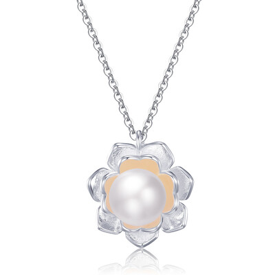 

Silver Flower Shape Chic Necklace White Pearl Pendant Women Girl Fashion Gift Novelty