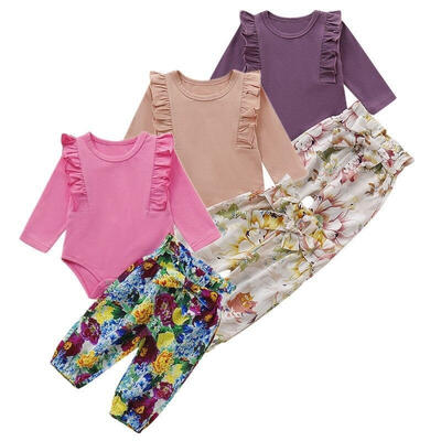 

Newborn Girl 2Pcs Outfit Set Ruffles Long Sleeve Solid Color Romper Bodysuit Long Floral Pants with Belt
