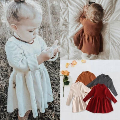 

0-5Y Autumn Winter Kids Baby Girls Tops Sweater Dress Solid Long Sleeve Knit A-Line Dress Tops 4 Colors