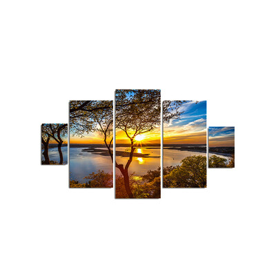 

5 Panels Sunset Tree Lake Mordern Printed Oil Painting Wall Decor for Living Room