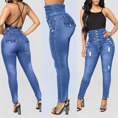 

〖Follure〗Women Autumn Elastic ButtoPlus Loose Hole Denim Casual Small Feet Cropped Jeans