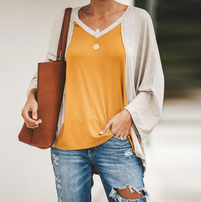 

Nomeni Womens Casual V-Neck Long Sleeve Patchwork Loose Ladies Tops T-Shirt Blouse